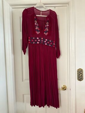 Free People Embroidered Burgundy Midi Dress